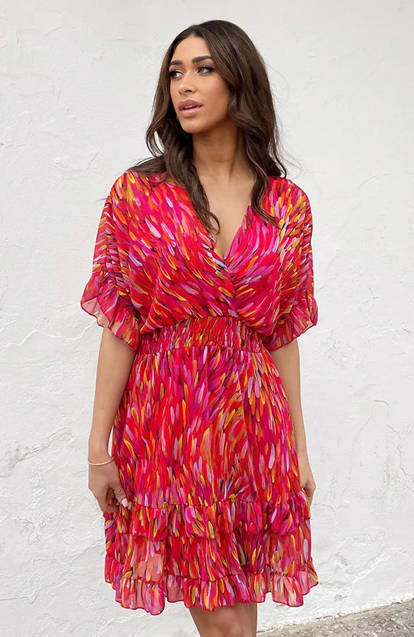 ROBE À VOLANTS SUPERPOSÉE IMPRIMÉ ROUGE ROSE